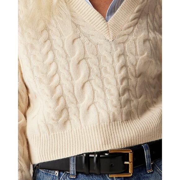 J. Crew Cashmere Cropped Cable-Knit V-Neck Sweater Long Sleeve Cream Size L NWT - Picture 3 of 12